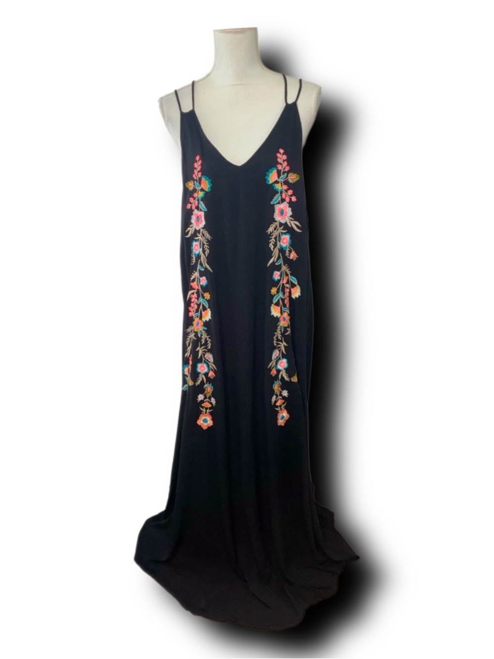 NWT By Together Black Boho Maxi Slip Dress Floral Embroidery Hippie Festival